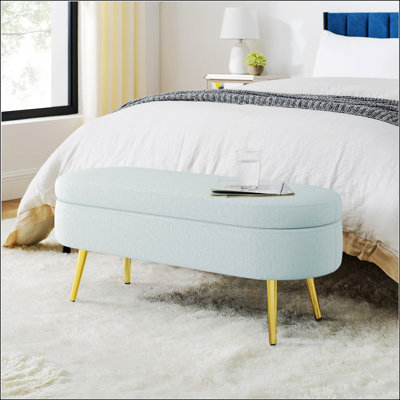 Banc de rangement repose-pieds ovale en flanelle avec pieds en métal - cyan (43,5 po x 16 po x 16 po)