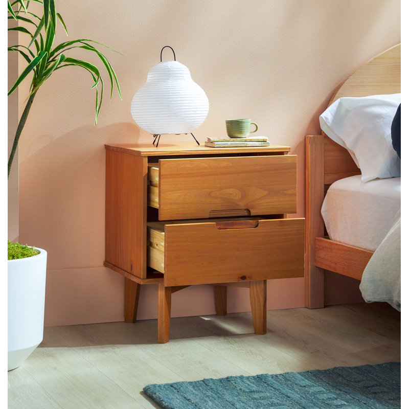 Solid Wood Groove Handle 2-Drawer Nightstand, Caramel