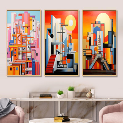 «Theatres Sunrise De Stijl - Factories», ensemble de 3 reproductions d'art sur toile