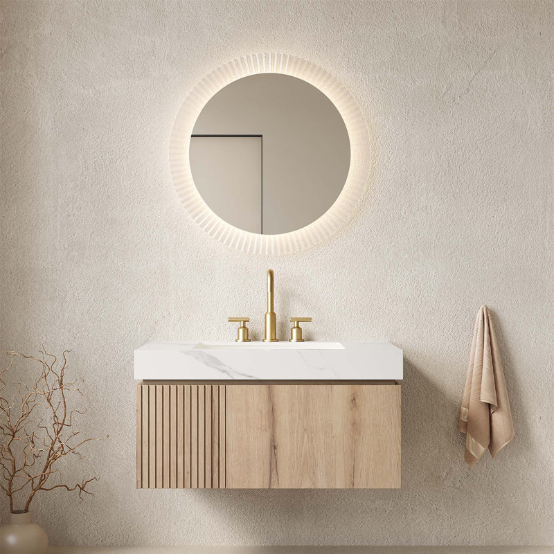 Meuble-lavabo flottant de 36 po avec plateau en pierre frittée Carrara, lavabo en céramique et armoire de rangement spacieuse