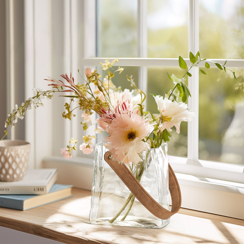Liora Carry 6.5" Clear Textured Glass Handbag Vase, Clear