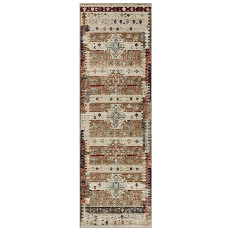 Tapis tribal beige / brun / gris, Tapis de couloir 2 pi 3 po x 7 pi 8 po