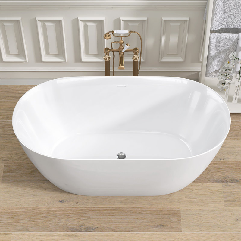 47'' W x 27.5'' D Acrylic Freestanding Bathtub Stand Alone Double Slipper Tub Oval Glossy White Bathroom Tub with Overflow & Center Drain