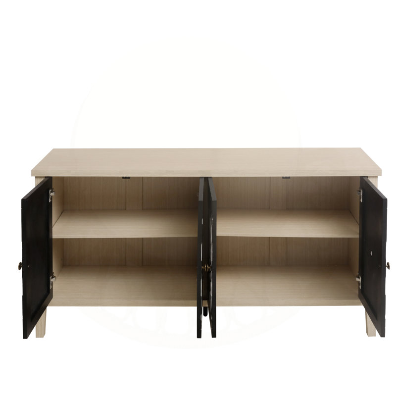 Buffet 4 portes avec tablettes réglables et sculpture créative exquise, Noir/naturel