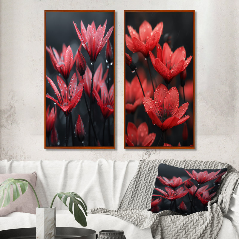 Monochromes rouges, noirs, pissenlits, gouttes de pluie, H 40 po x l 40 po, Impression encadrée, Brun