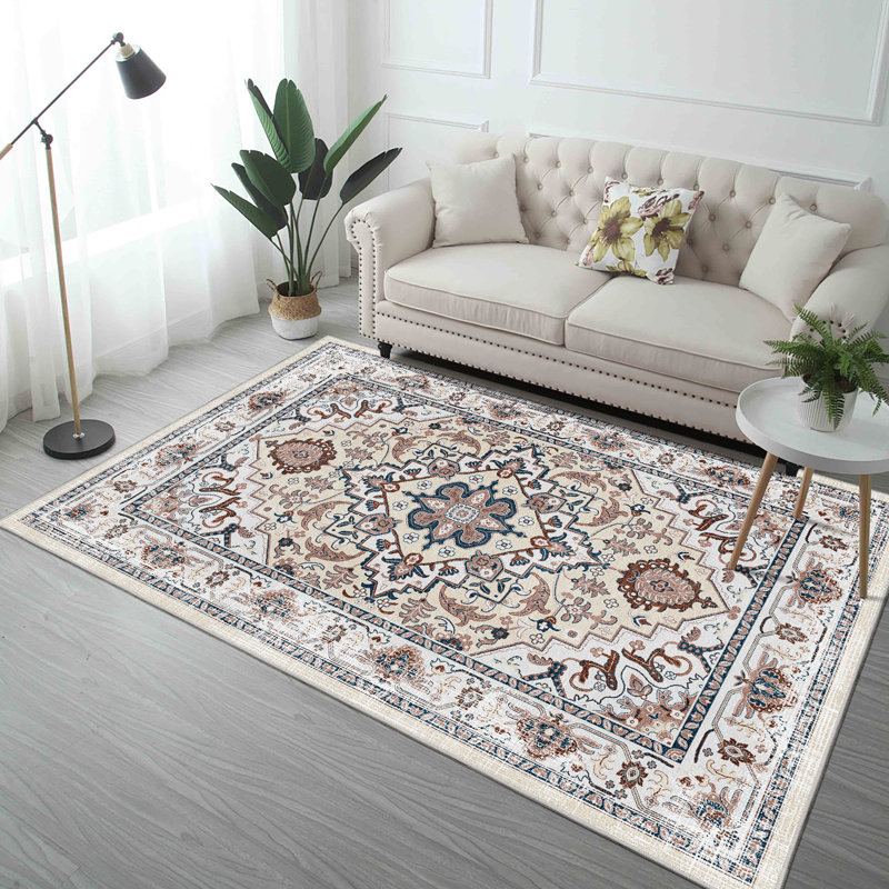 Tapis lavable antidérapant rétro avec motif floral orange-jaune Vintage Bohemian, Rectangle 5 pi x 7 pi