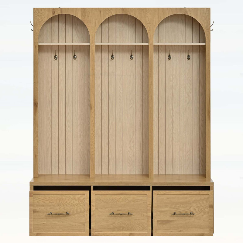Arbre d'entrée en bois avec design arqué, banc d'entrée avec crochets, portemanteau rustique et range-chaussures avec tiroirs pour le salon