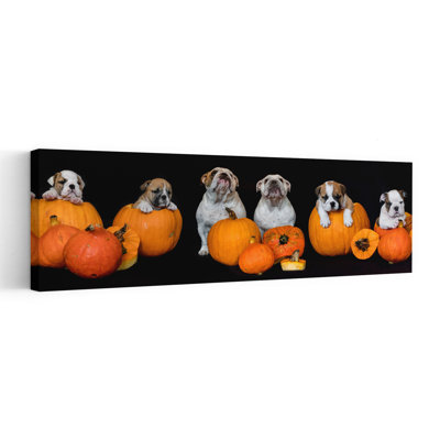 Bulldog Puppies Fall Pumpkins Playful Contemporary Bulldog Dog Autumn Wall Art