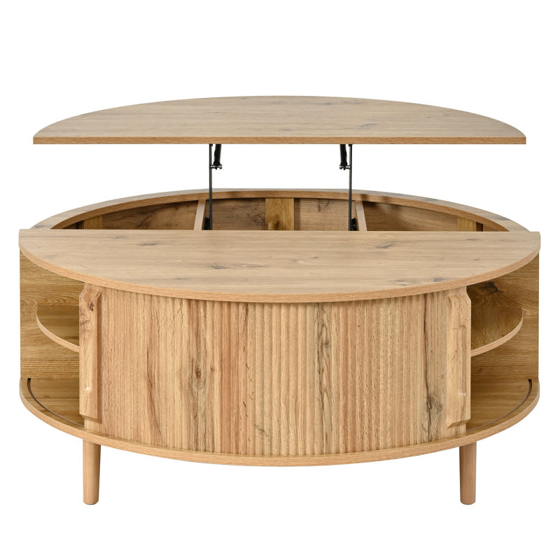 Table basse à plateau relevable rond de 39 pouces avec rangement caché, porte coulissante, pieds en pin massif et finition bois ondulé