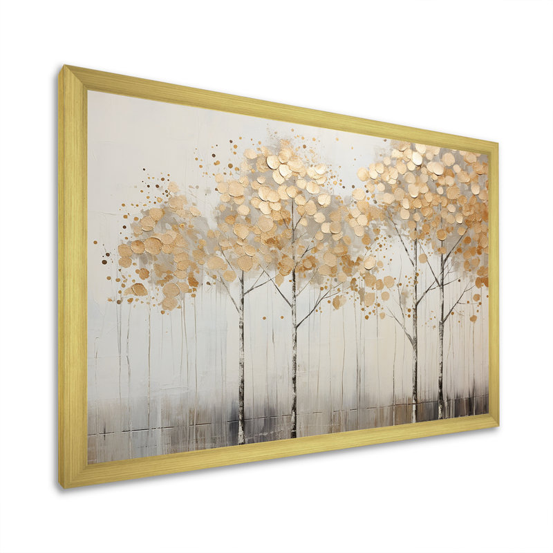 Minimalism Golden Trees Tranquility - Trees Canvas Print, 16" H x 32" W x 1" D, Gold Single Picture Framed