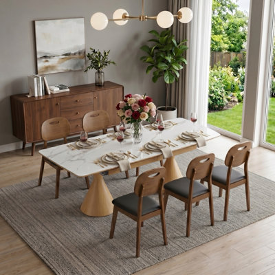 Dominick 55"-79" Extendable Faux Marble Dining Table Set With Solid Wood PU Leather Chairs