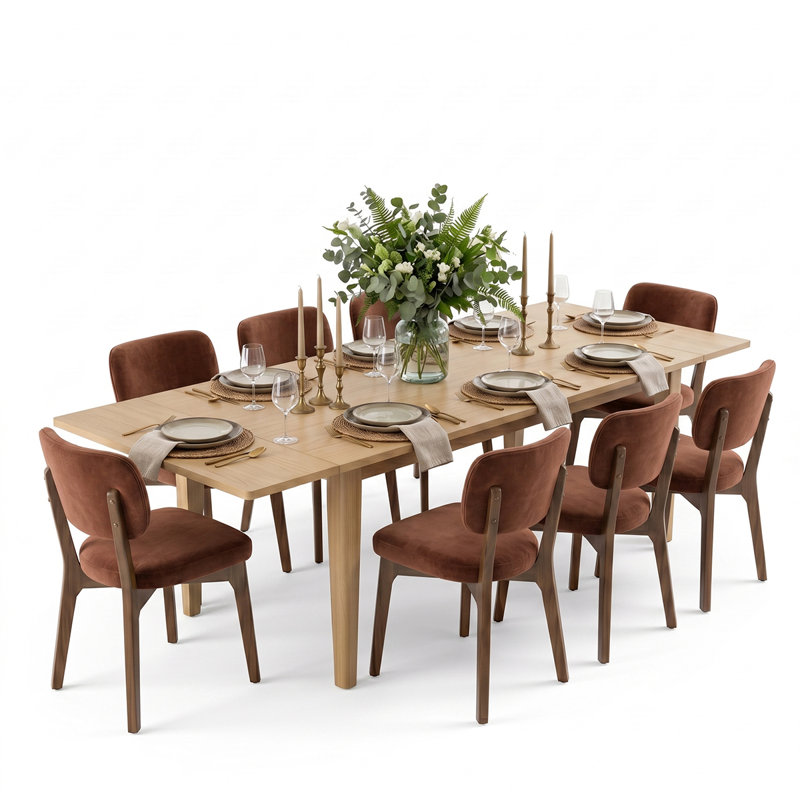 Ensemble de table de salle à manger extensible 9 pièces avec chaises rembourrées en bois massif, Sierra