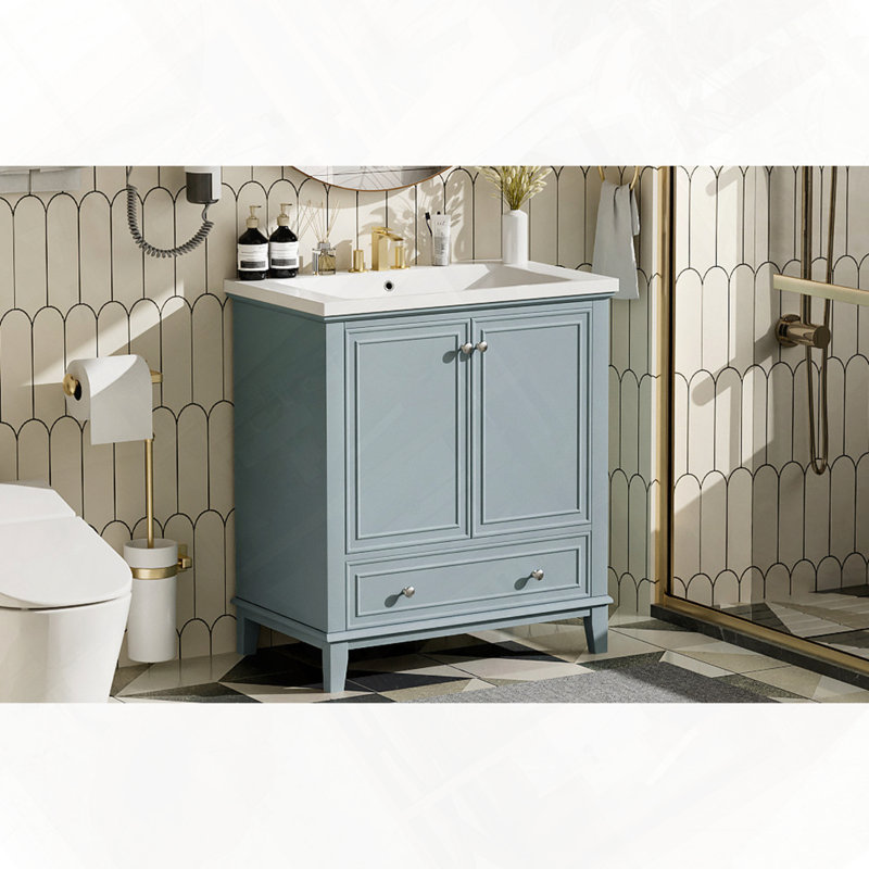 Ensemble de meuble-lavabo de salle de bain avec lavabo et porte d'armoire multifonctionnelle, Vert