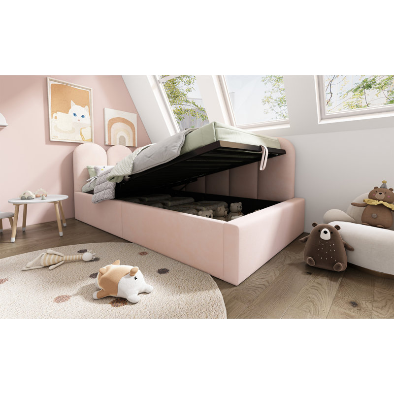Lit de jour rembourré avec rangement, canapé-lit simple, canapé-lit simple, lit de jour avec cadre de rangement hydraulique, avec lattes en métal, velours, rose (sans matelas)