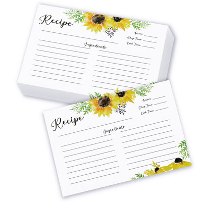 Cartes de recettes Outshine Premium 4 x 6 pouces, motif tournesol (ensemble de 50) | Papier cartonné épais double face sans frottis | Cartes de recettes vierges en vrac pour boîte à recettes 4 x 6 | Cadeau pour maman, sœur, fille, ami