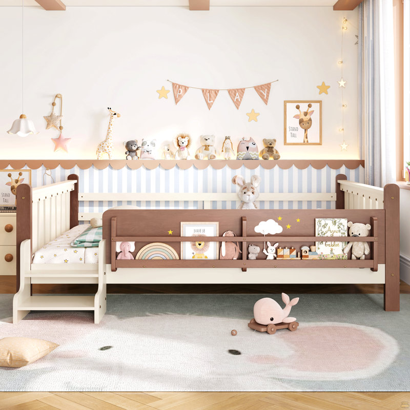 Grand lit au sol avec bibliothèques de rangement, lit en bois massif pour enfants avec de jolis escaliers et garde-corps, aucun sommier nécessaire