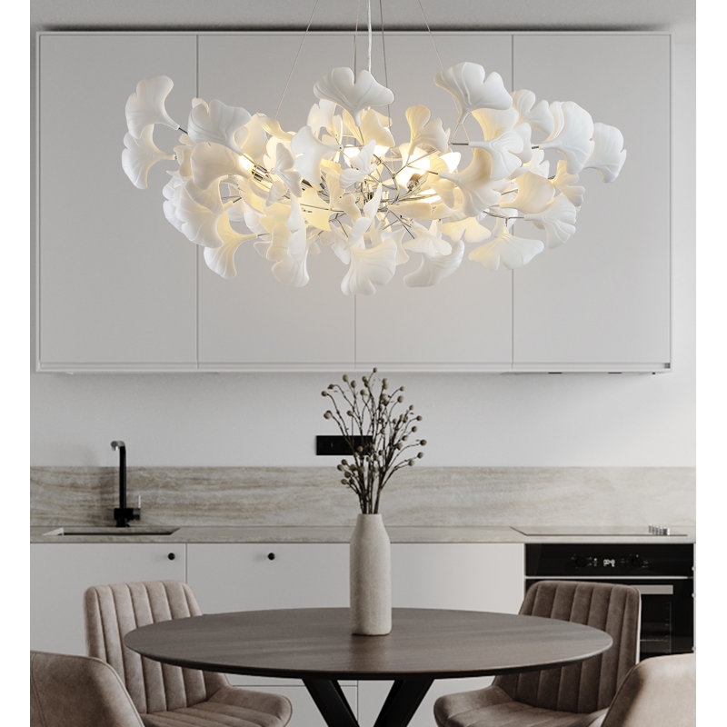 Lustre en feuille de ginkgo Glovsky, H 13,8 po x l 39,3 po x P 39,3 po, Argent argent, 8
