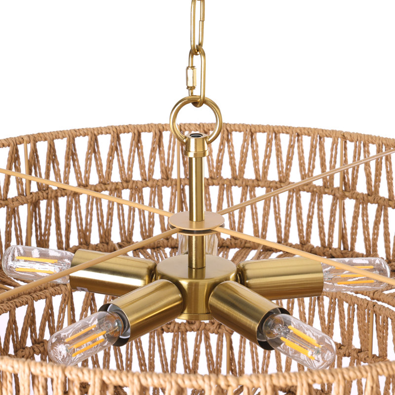 Caytlen 5-Light 21.6" Dimmable Hand-Woven Rattan Drum Chandelier, Brushed Gold