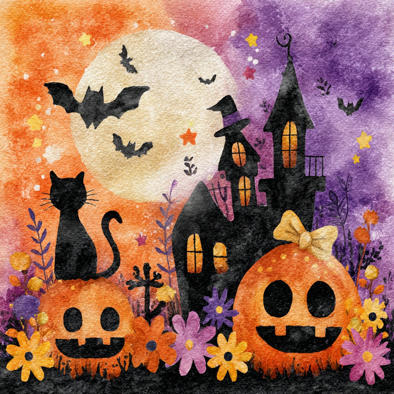 Art mural d'Halloween, chat et citrouilles