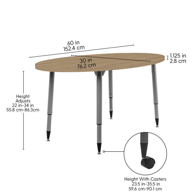 Table d'activité Adapte 30 x 60 ovale en grain de bois avec pieds ajustables, Chêne Pasadena, Argent argent
