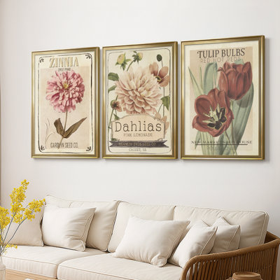 Vintage Seed Packets II  -Custom Framed  Wrapped Gallery Canvas - 3 Pieces