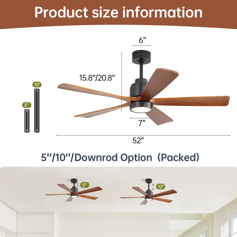 52'' Dimmable Solid Wood Blades Ceiling Fan With Lights And Remote Control Reversible Dc Motor Timer Memory, Black