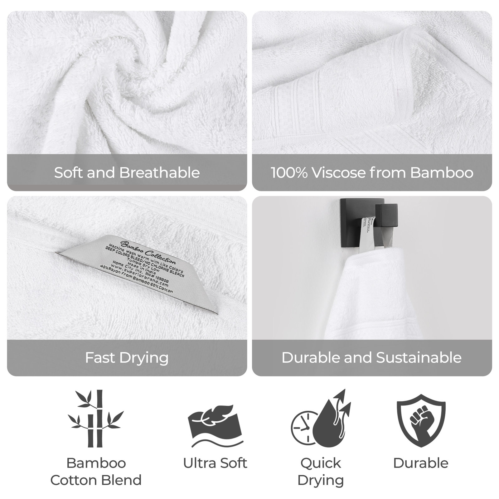 Nolhan 6-Piece Bamboo Cotton Towel Set, White