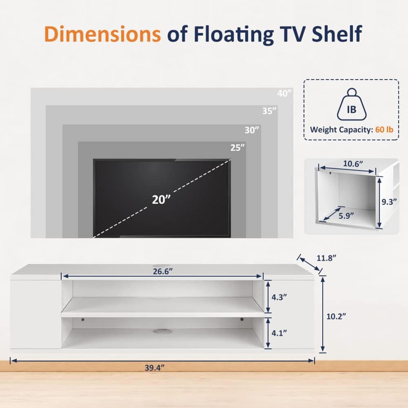 Meuble télé flottant avec rangement, console multimédia murale, conception à 2 niveaux avec gestion des câbles et dissipation de la chaleur