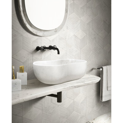 Lavabo vasque en marbre blanc de luxe pour salle de bain, 14,2 pouces de largeur, silhouette ondulée, facile à nettoyer, profondeur de 23,6 po, finition semi-polie, ajoute une touche artistique
