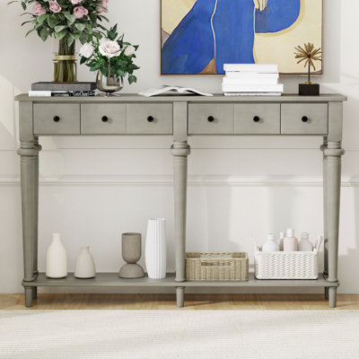 Retro Entryway Table with 4 Drawers and Open Shelf, Perfect for Organized Storage and Stylish Display in Any Home