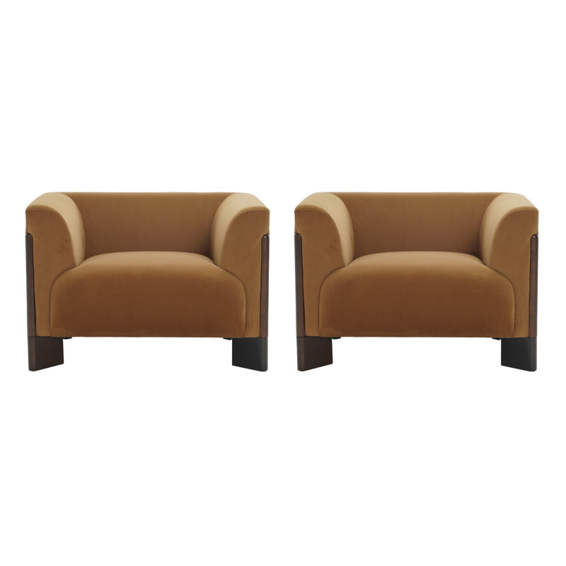 Upholstered Orange Velvet Modern Curved Arm Design Armchair With Solid Wood Legs, Orange Velvet