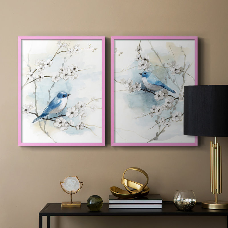 «Blossoms and Bluebird I», reproduction encadrée de qualité supérieure - prête à être accrochée - aucun clou requis - aucun clou requis