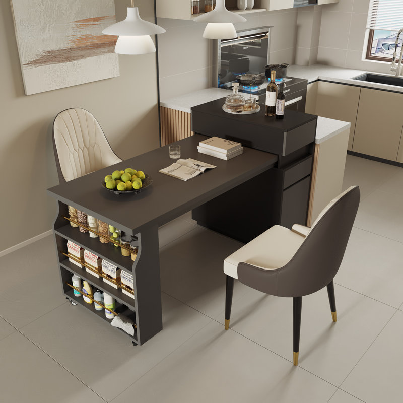31.4''W  Rolling Kitchen Island With Extendable Dining Table For 2-4, Open Shelevs, Storage Drawer And Cabinet