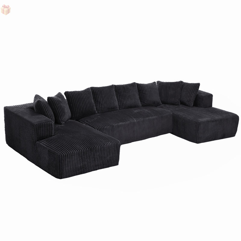 Spacieux canapé modulaire en velours côtelé avec méridienne et 8 coussins décoratifs, parfait pour la vie moderne et le confort familial