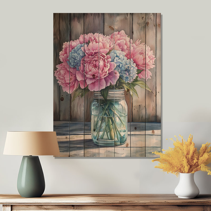 Pastel Peony Bouquet At The Farm II - Peonies Wood Wall Art - On Natural Pine Wood, 40" H x 30" W x 0.78" D