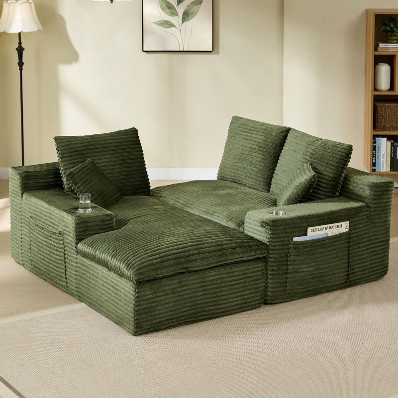 94.5" Corduroy Upholstered Modular Sofa, Compression Foam Bonless Sofa & Chaise with Cupholder and Side Pocket, Green
