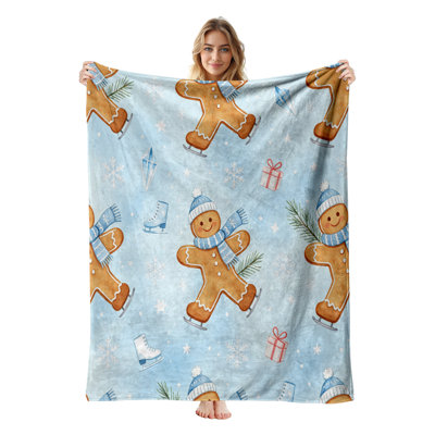 Plaid de Noël en flanelle polaire JYK, léger, respirant, doux et chaud en microfibre pelucheuse, 127 x 152 cm, motif bonshommes en pain d'épice patineurs