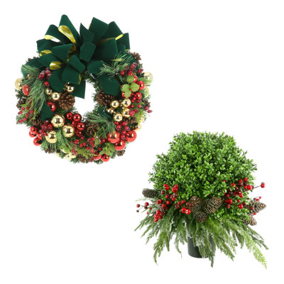 Classic Holiday Wreath and UV Boxwood Drop-In