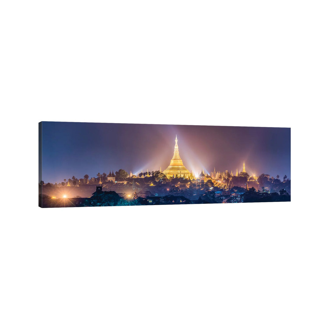 View Of The Golden Shwedagon Pagoda In Yangon At Night, Myanmar by Jan Becke - Wrapped Canvas Panoramic Print