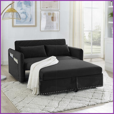 Modern Velvet 2-Seater Sleeper Sofa Bed with USB – 3-Level Adjustable, Side Pockets &amp; Lumbar Pillows for Living Room/Bedroom