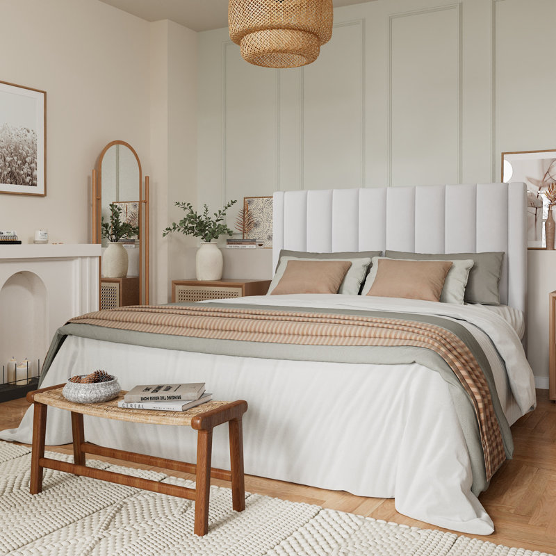 Lit plateforme tapissier en velours avec tête de lit Modern, Double, Blanc