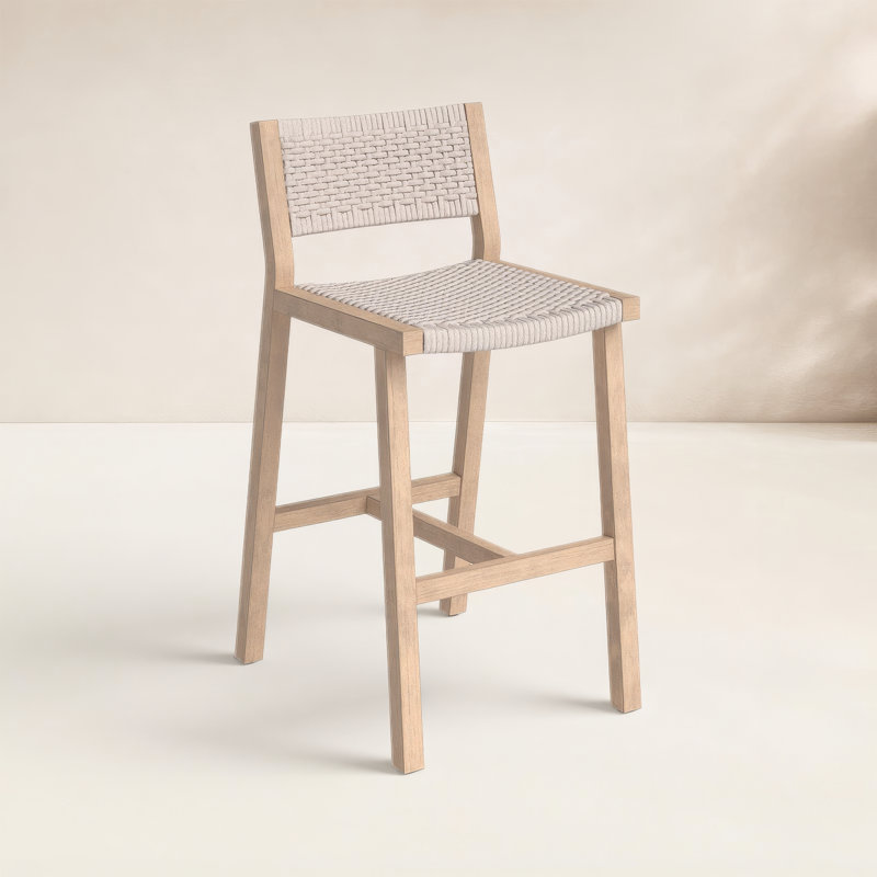 Delano Outdoor Teak Bar Stool, Washed Brown, Bar Stool (29" Seat Height), Gray Rope