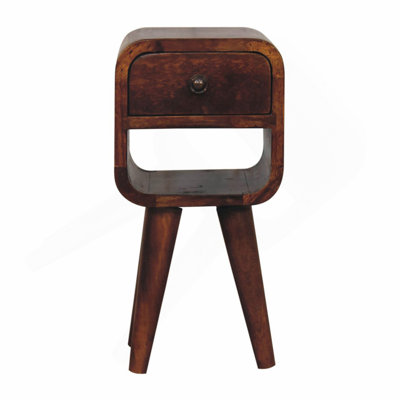 Solid Wood Extra Mini Chestnut Curve Lower Nightstand, 1-Drawer, 1 Open-Slot, Nordic Legs, Dark Brown