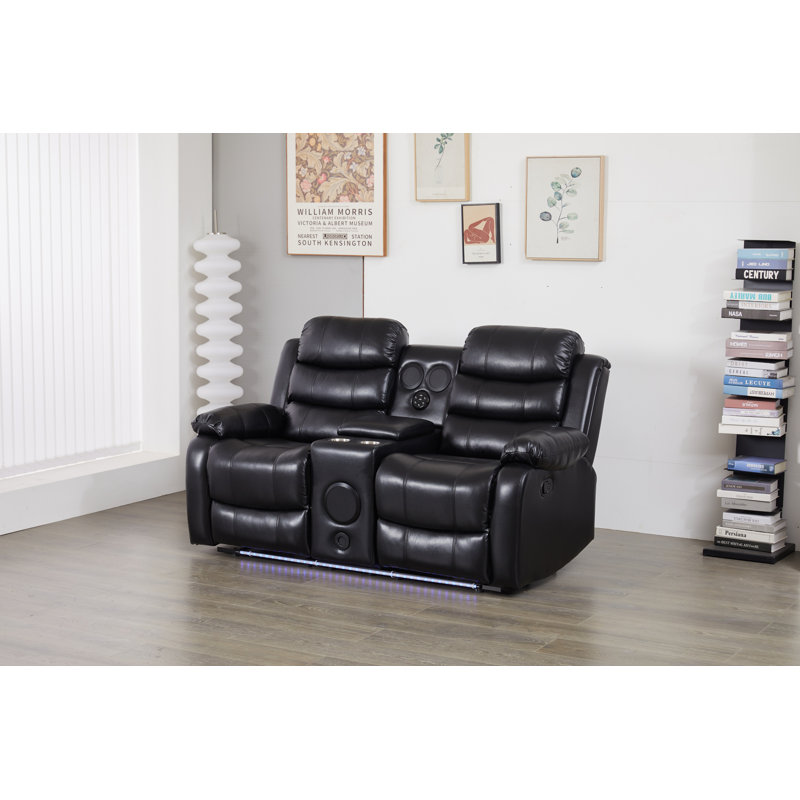 Causeuse inclinable en similicuir avec lumières DEL et console, Noir, noir, noir, noir
