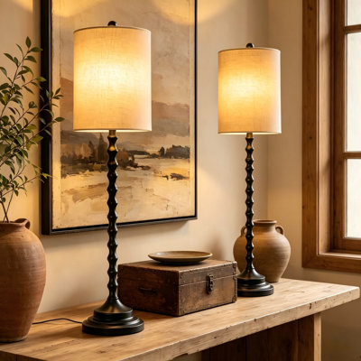 29.5" Tall Table Lamp Set of 2, Black Buffet Table Lamps with 3-Way Touch Control and Linen Drum Shade, for Living Room Bedroom Dining Room Entryway