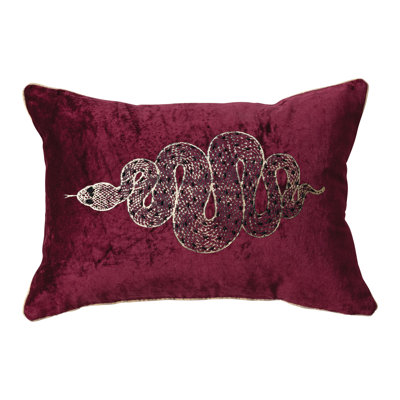 Cotton Printed Lumbar Pillow With Gold Foil Snake, Beads And Piping,