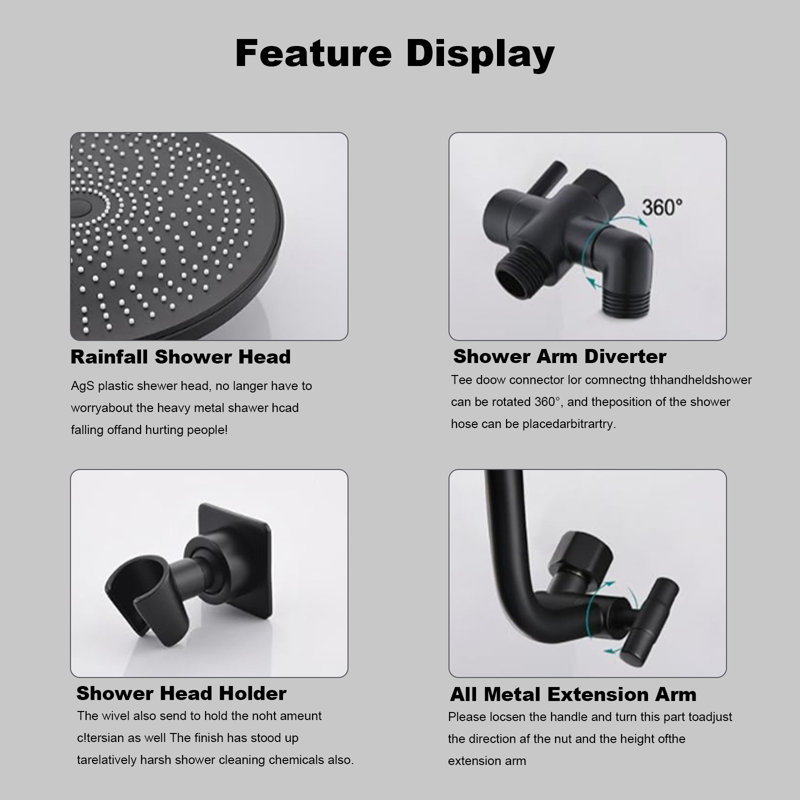 Deluxe 10-Inch Rainfall Shower Combo – Adjustable 12" Arm, 3-Way High-Pressure Spray & Brass Holder, Matte Black