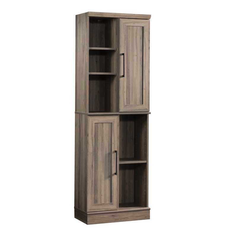 Armoire de rangement, couleur brun gris, différentes zones, tablettes réglables, portes repositionnables, construction, base, compact, assemblage facile, armoire de salle de bain, cuisine, bureau ou buanderie, avec tablettes