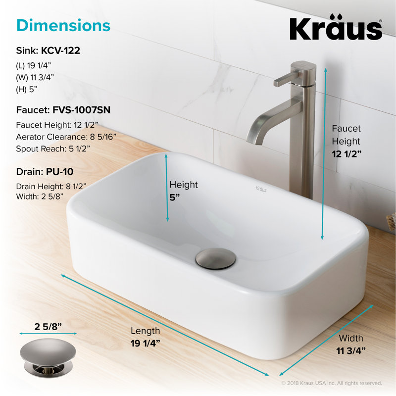 Ceramic Rectangular Vessel Bathroom Sink with Faucet, Satin Nickel