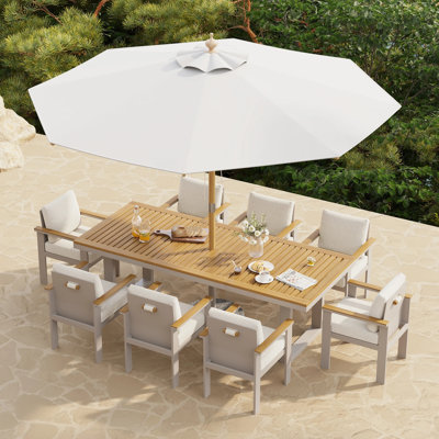 Table de salle à manger de patio, teck Tevara et table d'extérieur en aluminium pour 6 à 8 personnes avec structure résistante aux intempéries pour terrasse